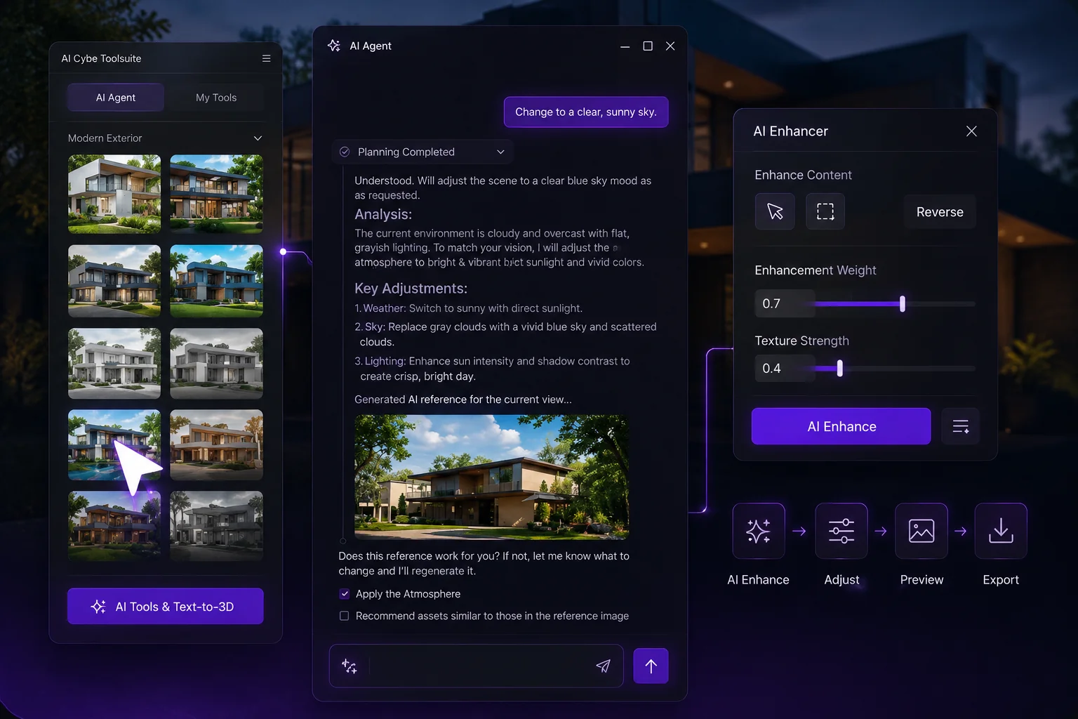 D5 Render arayüzü — AI Agent ve AI Enhancer panelleri