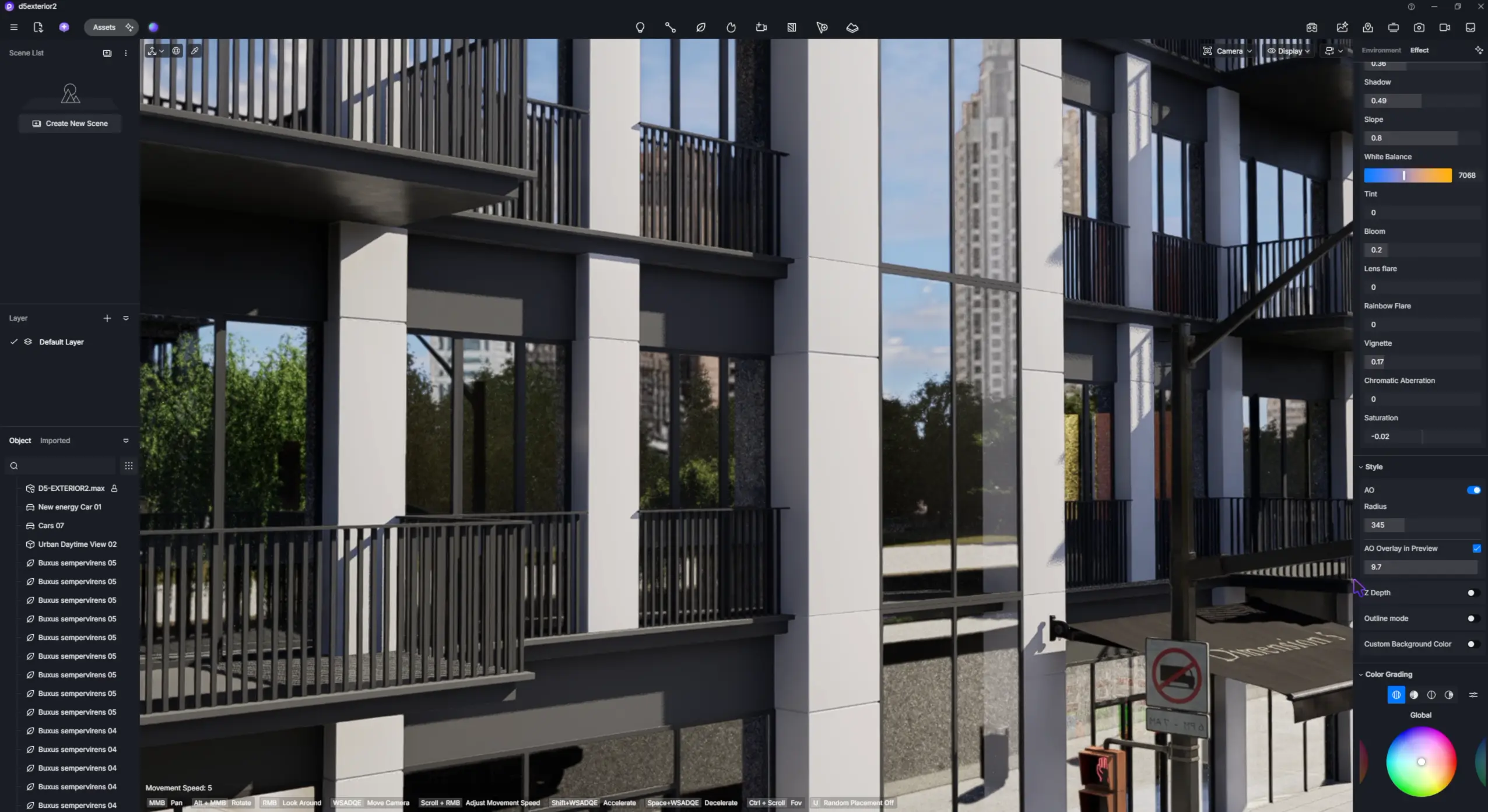 D5 Render arayüzü — Effect paneli, color grading ve gerçekçilik ayarları