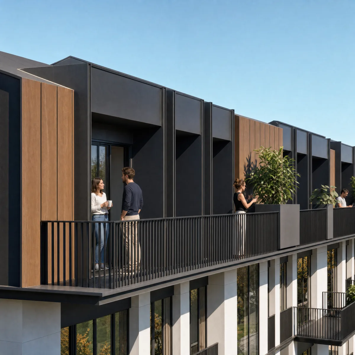İleri düzey render örneği — ahşap ve metal cepheli balkon detayı