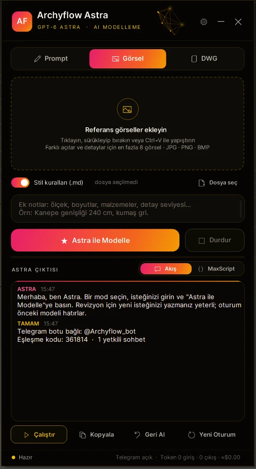 Archyflow Astra eklenti arayüzü — GPT-6 Astra ile görsel modunda modelleme