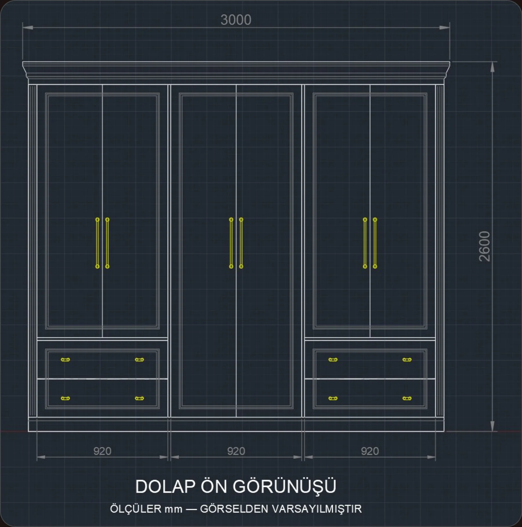 GPT-6 Astra'nın AutoCAD'de çizdiği ölçülü dolap ön görünüşü