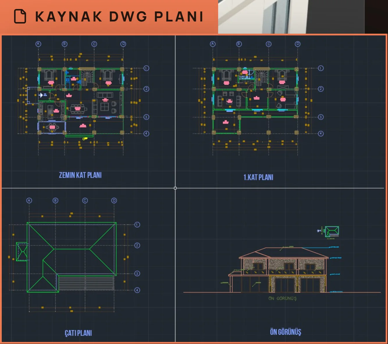 Kaynak DWG planı — kat planları, çatı planı ve ön görünüş