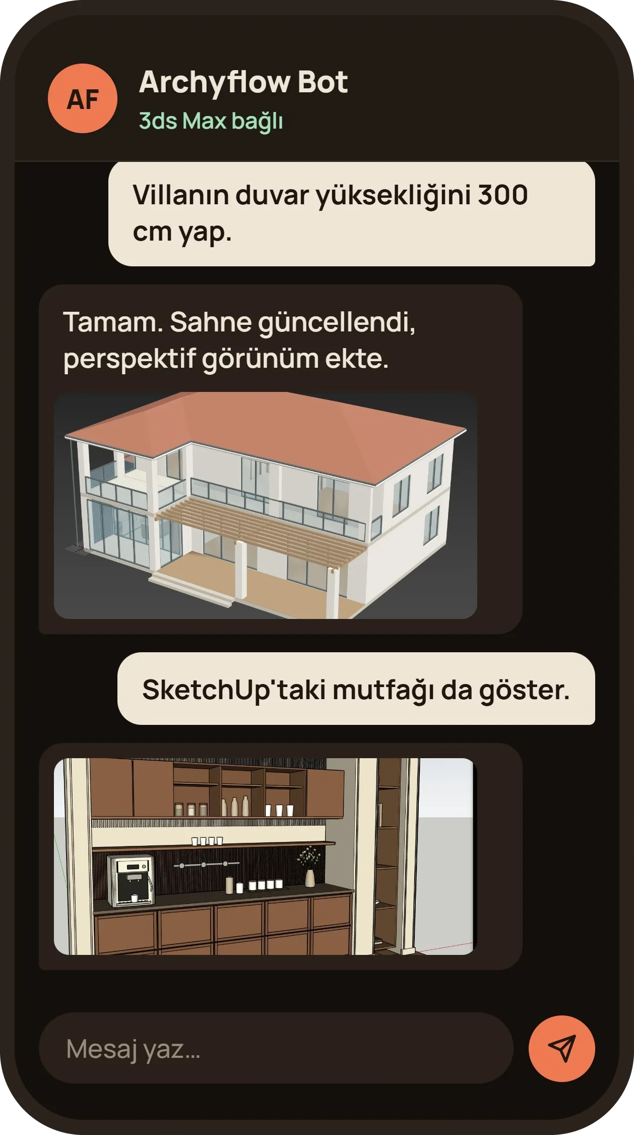 Archyflow Bot sohbeti — telefondan 3ds Max ve SketchUp sahnesine komut
