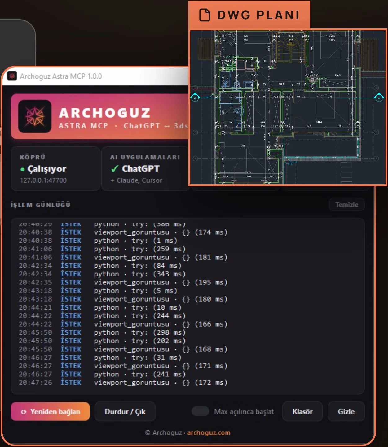 Archoguz Astra MCP eklenti arayüzü ve DWG planı