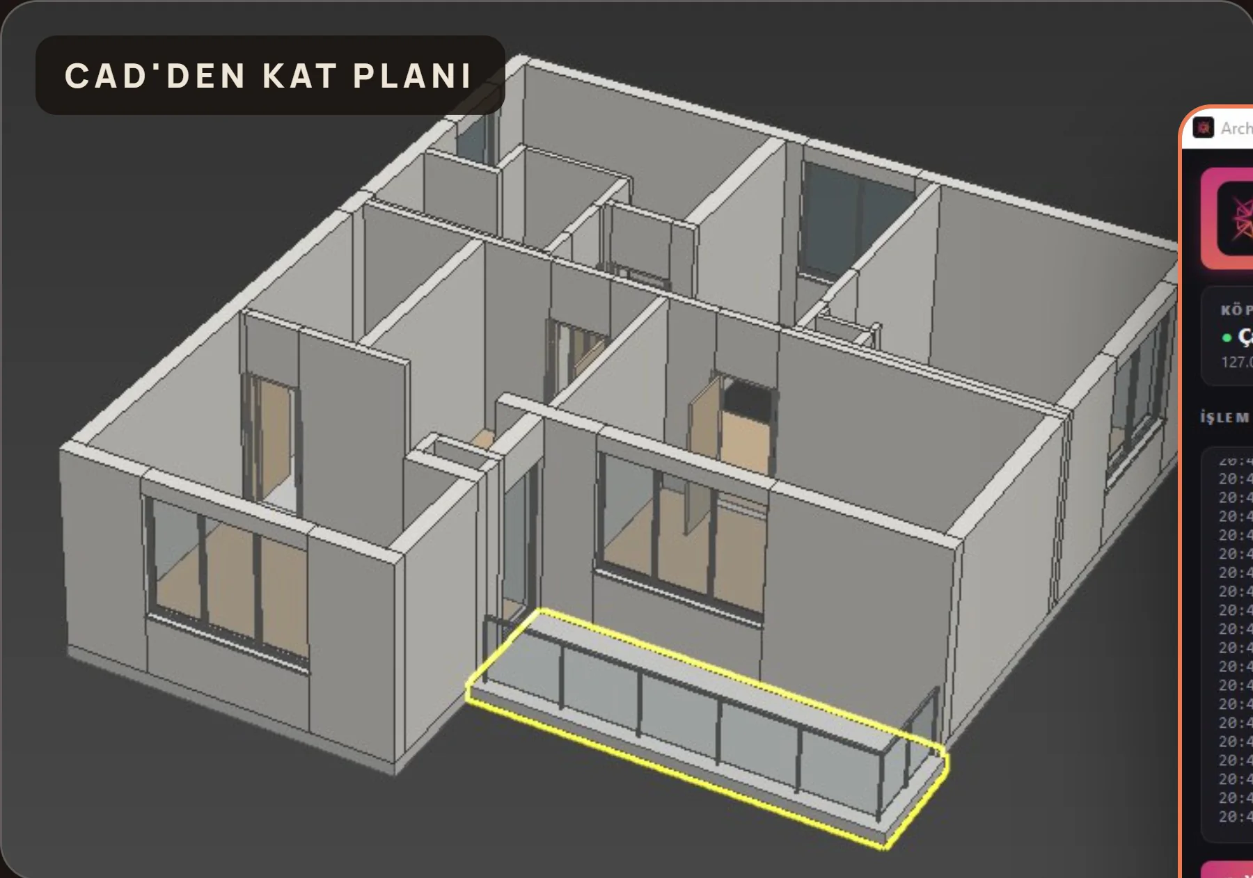 CAD'den kat planı — eklentiyle 3ds Max'te kurulan model