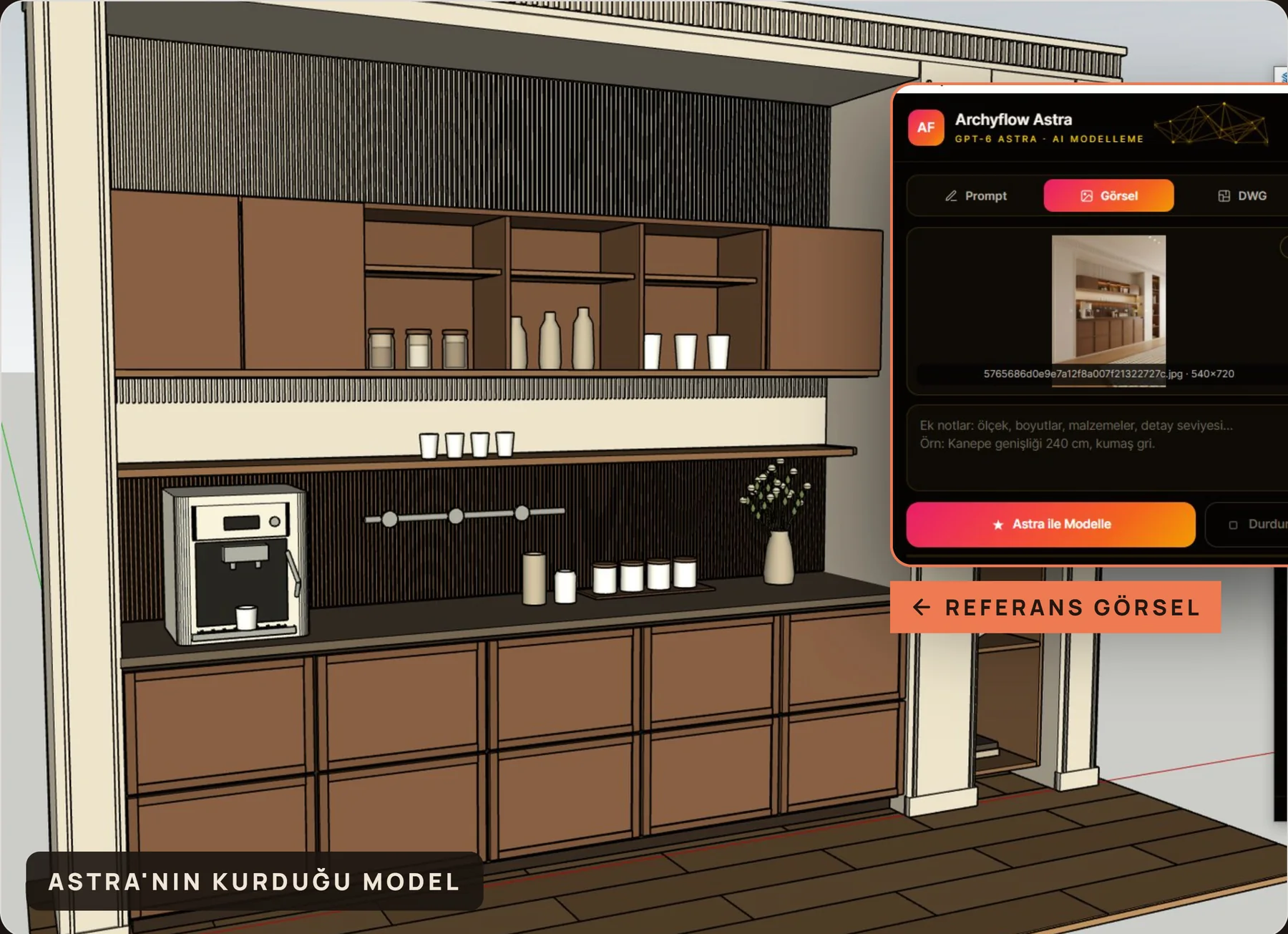 Astra'nın SketchUp'ta kurduğu mutfak modeli