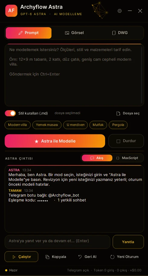 3ds Max Astra paneli Prompt modunda: hızlı şablonlar ve Astra ile Modelle butonu