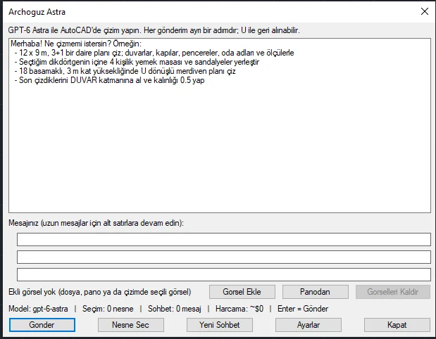 Archoguz Astra sohbet penceresi: GPT-6 Astra ile AutoCAD'de çizim için örnek komutlar
