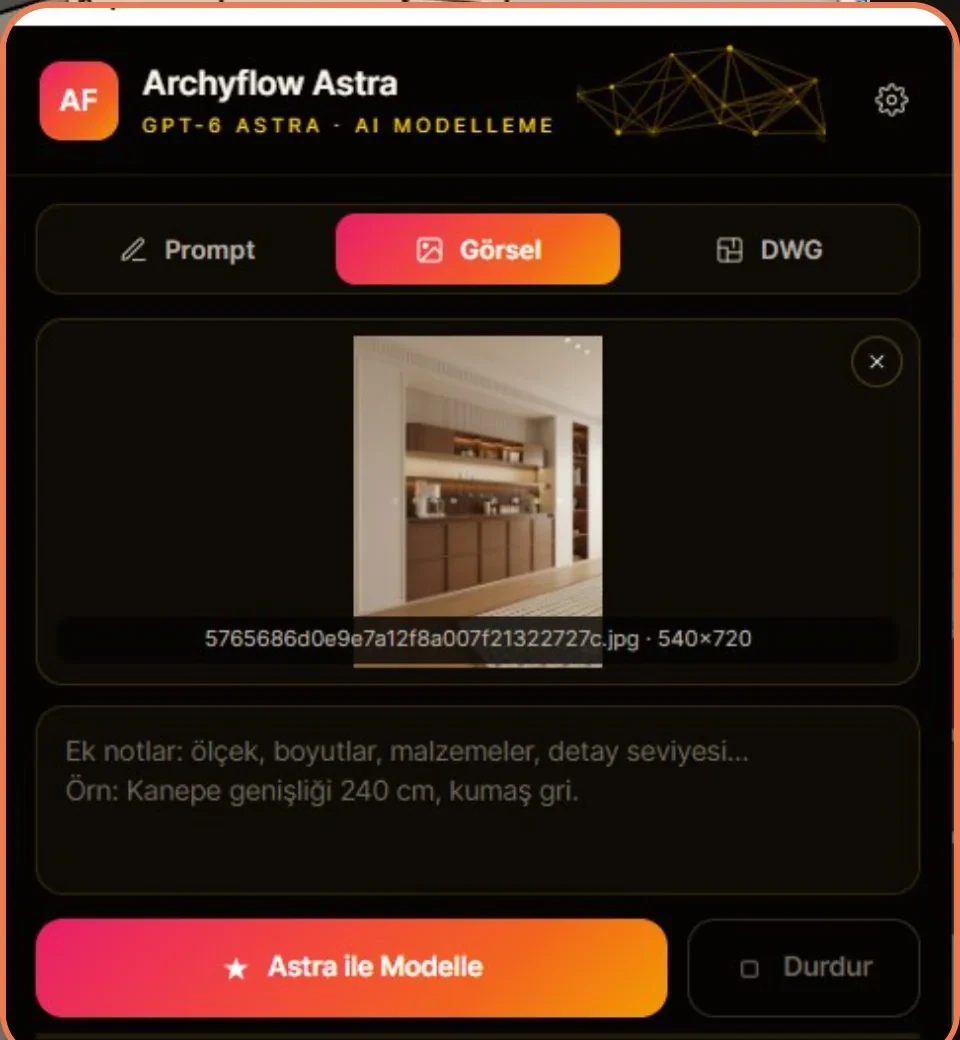 Archyflow Astra paneli Görsel modunda: referans görsel, ek notlar ve Astra ile Modelle butonu