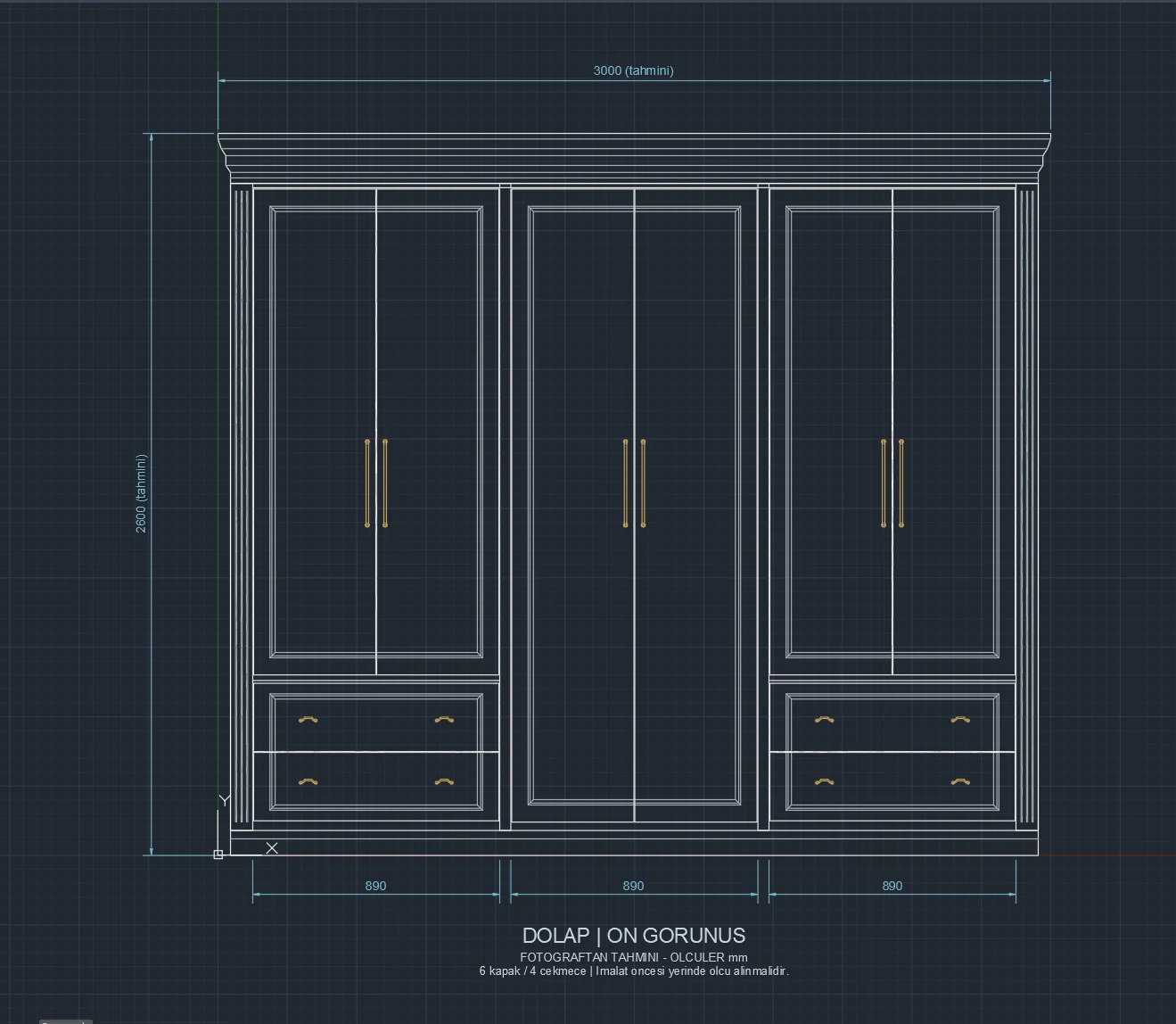 Astra'nın fotoğraftan AutoCAD'de çizdiği ölçülü dolap ön görünüşü